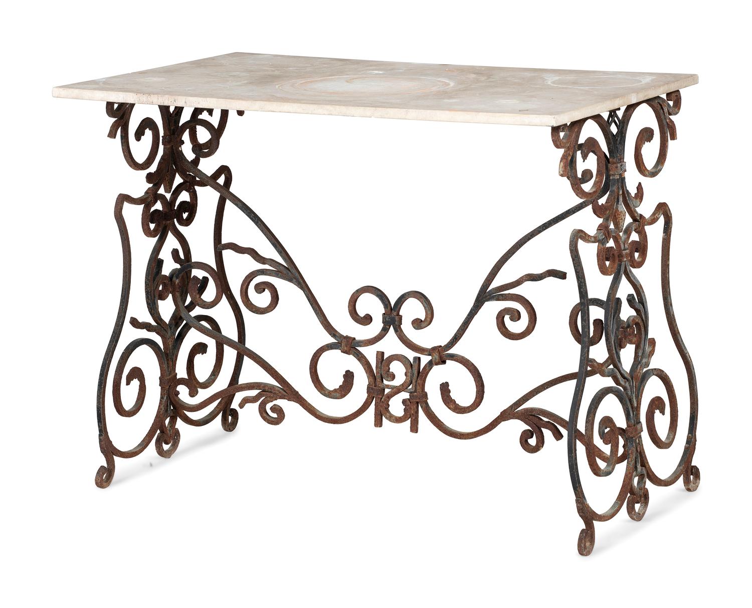 A Wrought Iron Marble Top Console Table