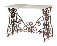 A Wrought Iron Marble Top Console Table