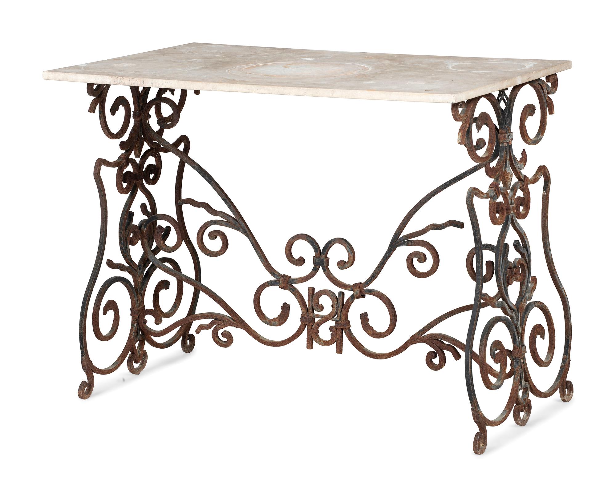 A Wrought Iron Marble Top Console Table