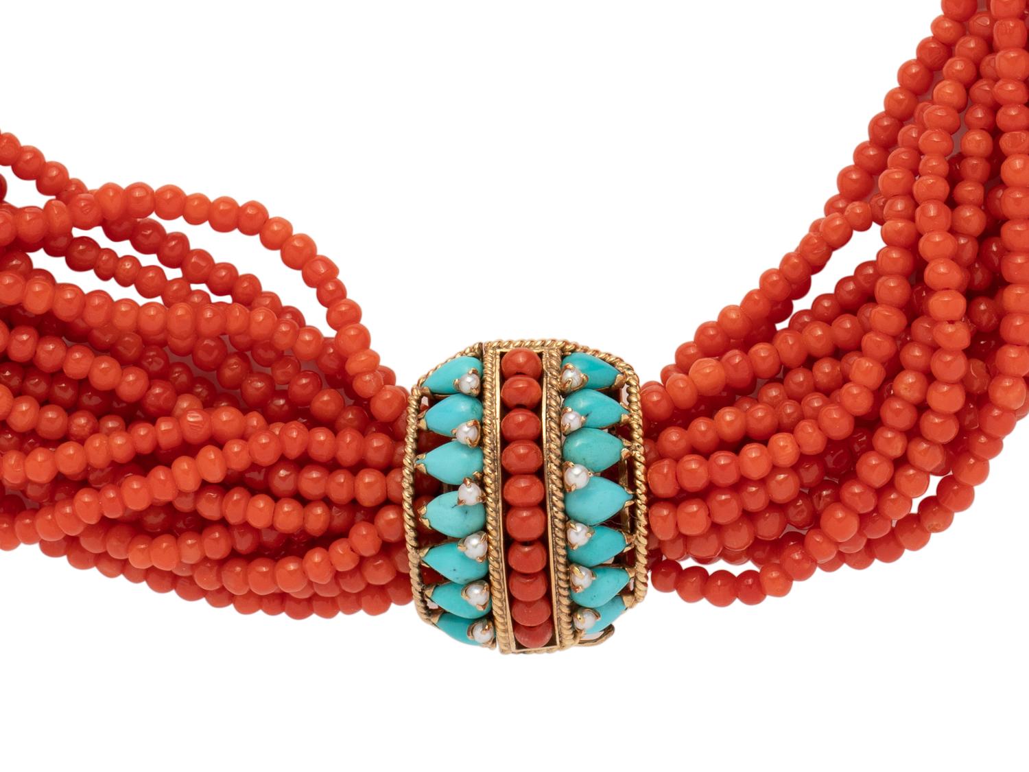 CORAL, TURQUOISE AND PEARL TORSADE SET