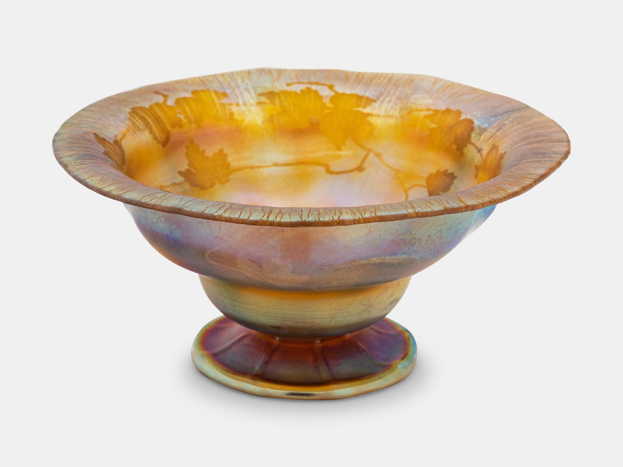 Footed Bowl with Etched Grape Leaf Interior
