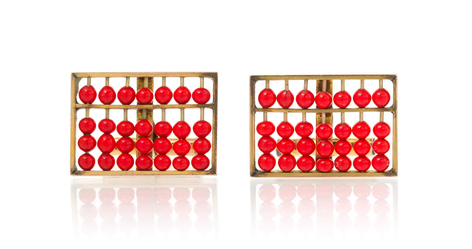 A Pair of 14 Karat Yellow Gold and Glass Bead Abacus Cufflinks, 7.50 dwts.
