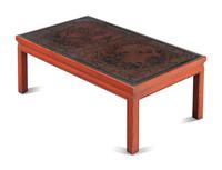 A Chinese Carved and Polychrome Painted Red Lacquered Low Table