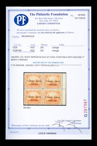 {PHILAETLY} [SURCHARGE ERROR] NICARAGUA. Airmail. 1932. 20c. Orange (#CO5 & CO5VAR), Right Margin Block of Four, Position 4 Error Second 'i' in 'Oficial' Mostly Missing