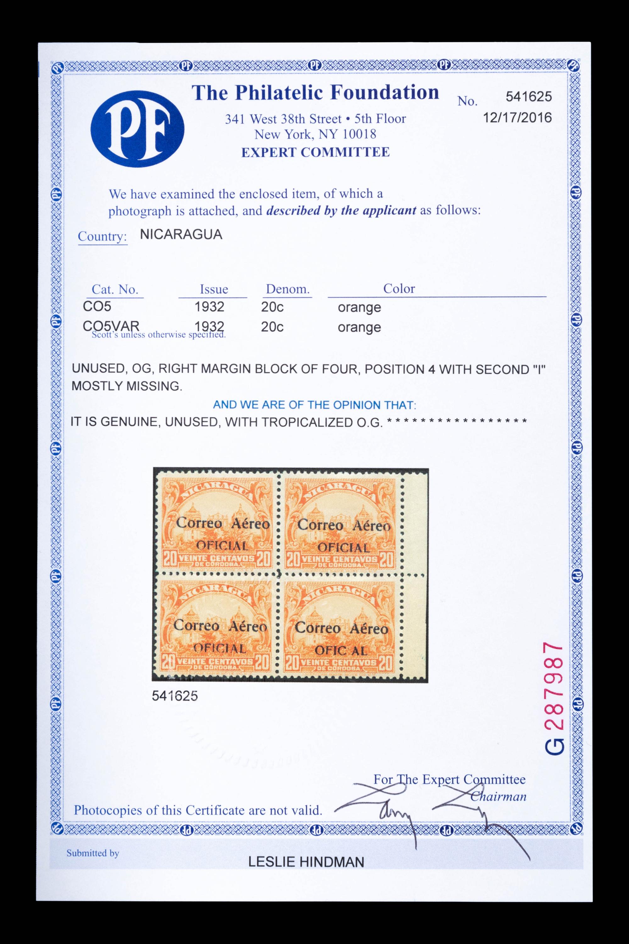 {PHILAETLY} [SURCHARGE ERROR] NICARAGUA. Airmail. 1932. 20c. Orange (#CO5 & CO5VAR), Right Margin Block of Four, Position 4 Error Second 'i' in 'Oficial' Mostly Missing