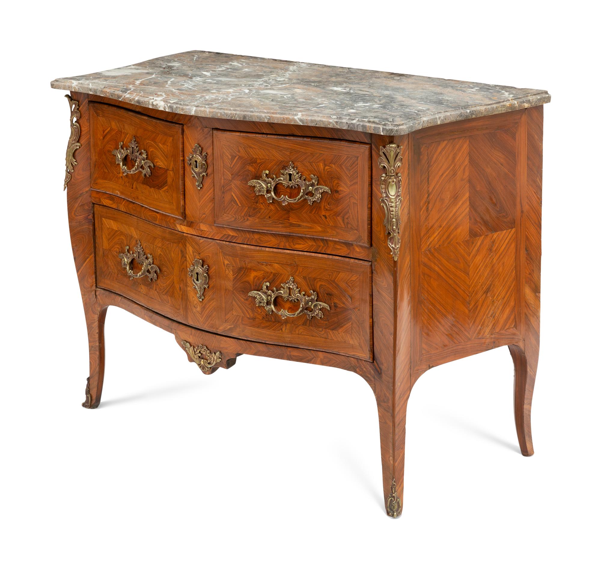 A Louis XV Gilt Bronze Mounted Tulipwood and Marble-Top Commode
