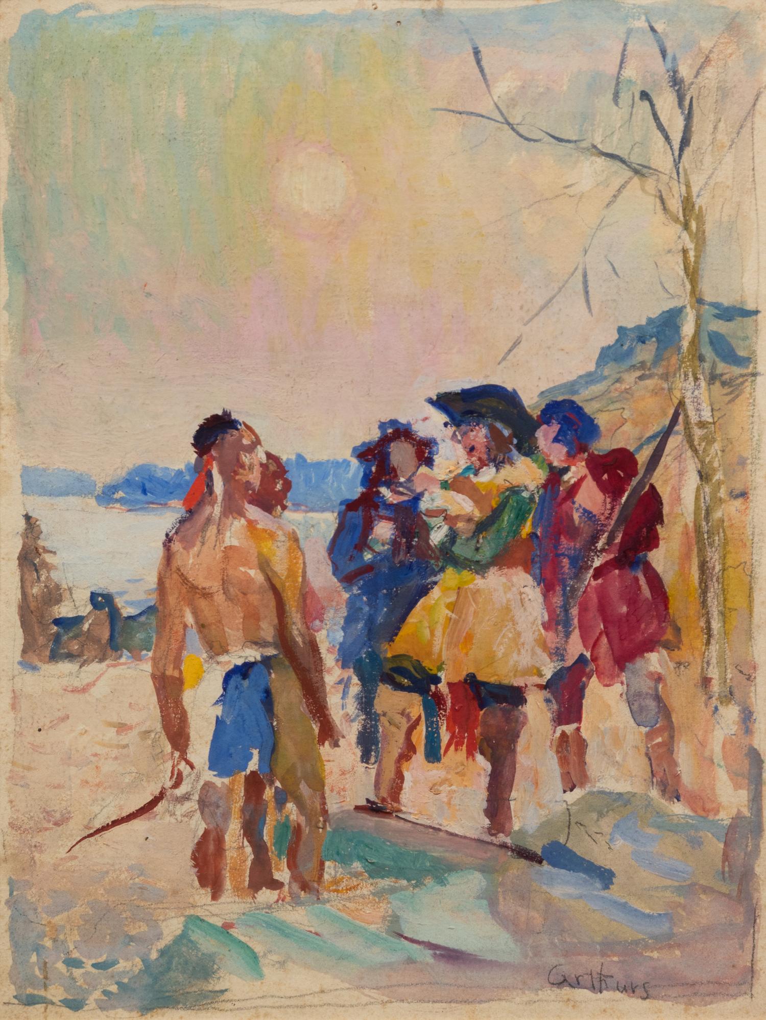 Two Indians and Three Settlers at a River