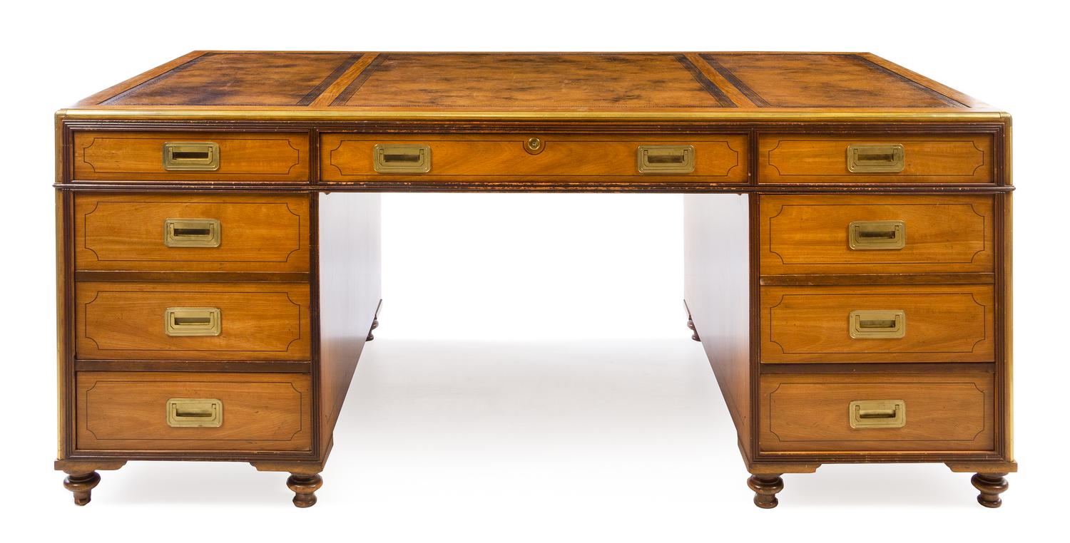 A Campaign Style Satinwood Partners' Desk Height 27 1/8 x width 72 x depth 42 1/8 inches. — BAKER, 20TH CENTURY