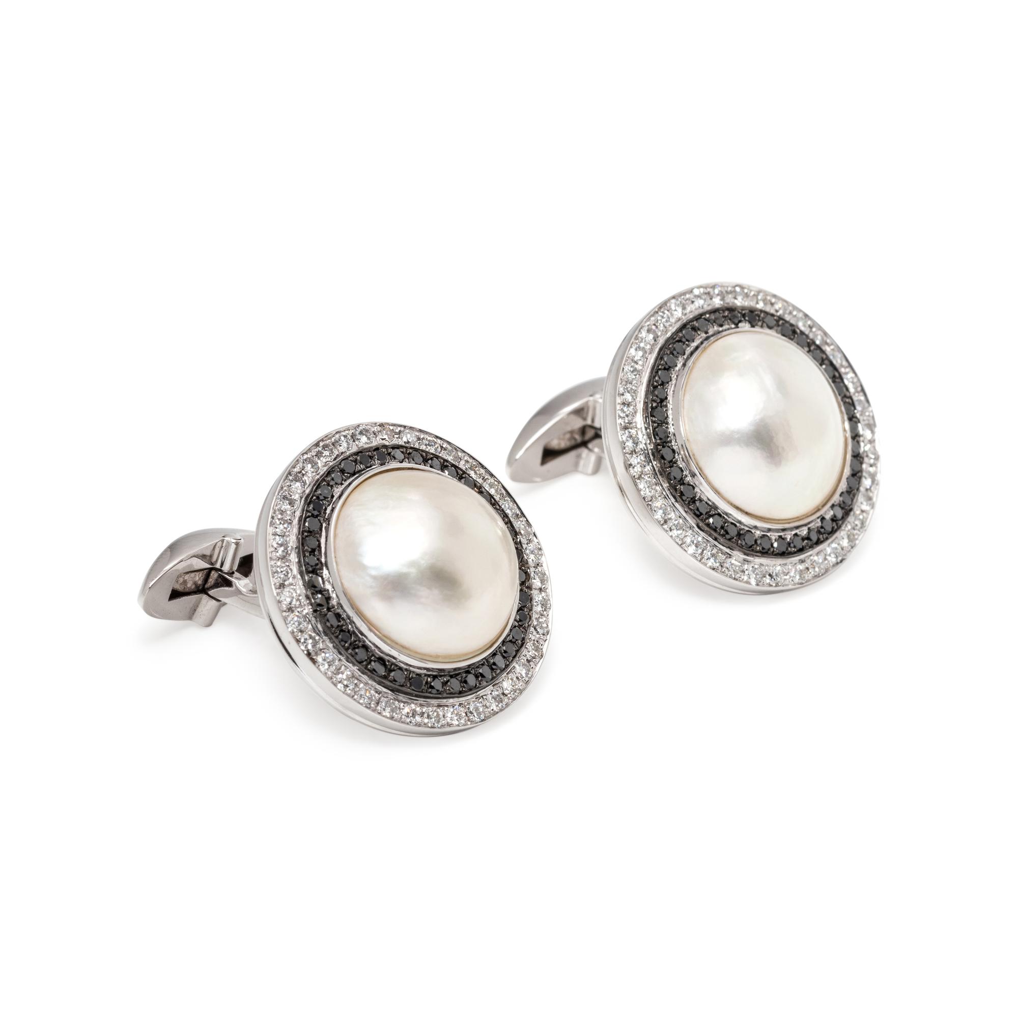CULTURED MABE PEARL, DIAMOND AND BLACK DIAMOND CUFFLINKS