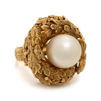 Yellow Gold and Cultured Pearl Foliate Ring