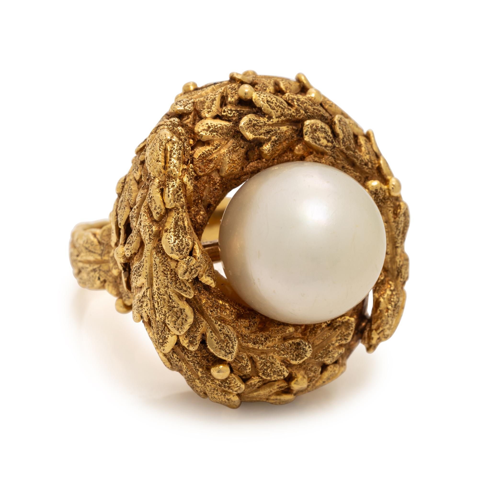 Yellow Gold and Cultured Pearl Foliate Ring