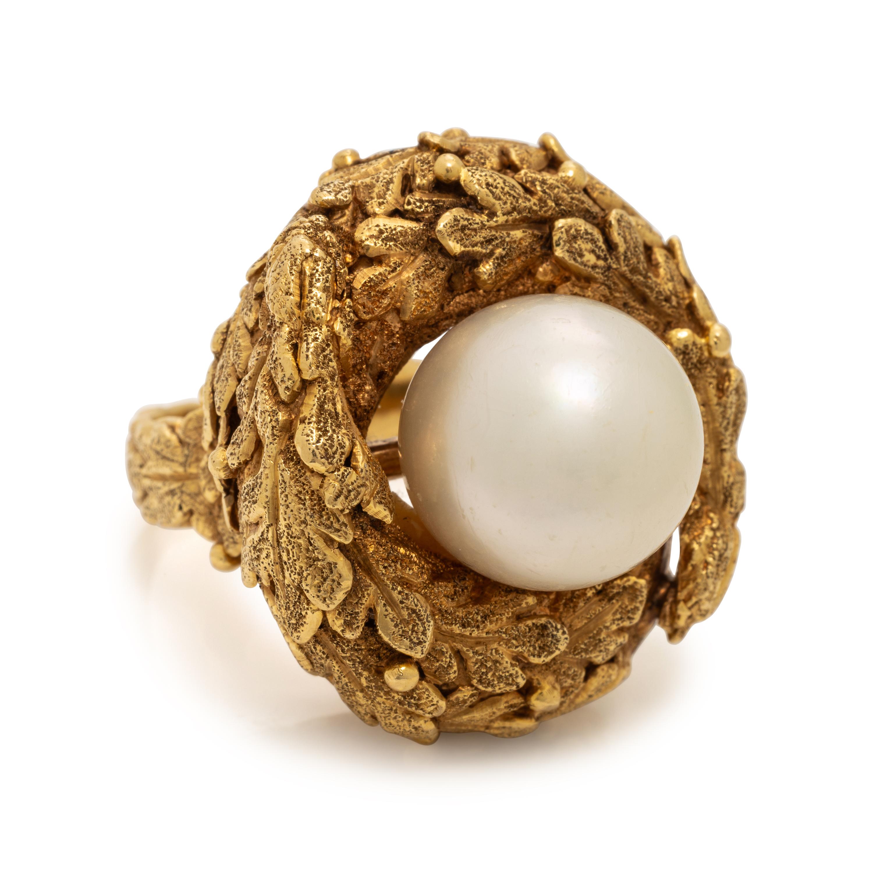 Yellow Gold and Cultured Pearl Foliate Ring