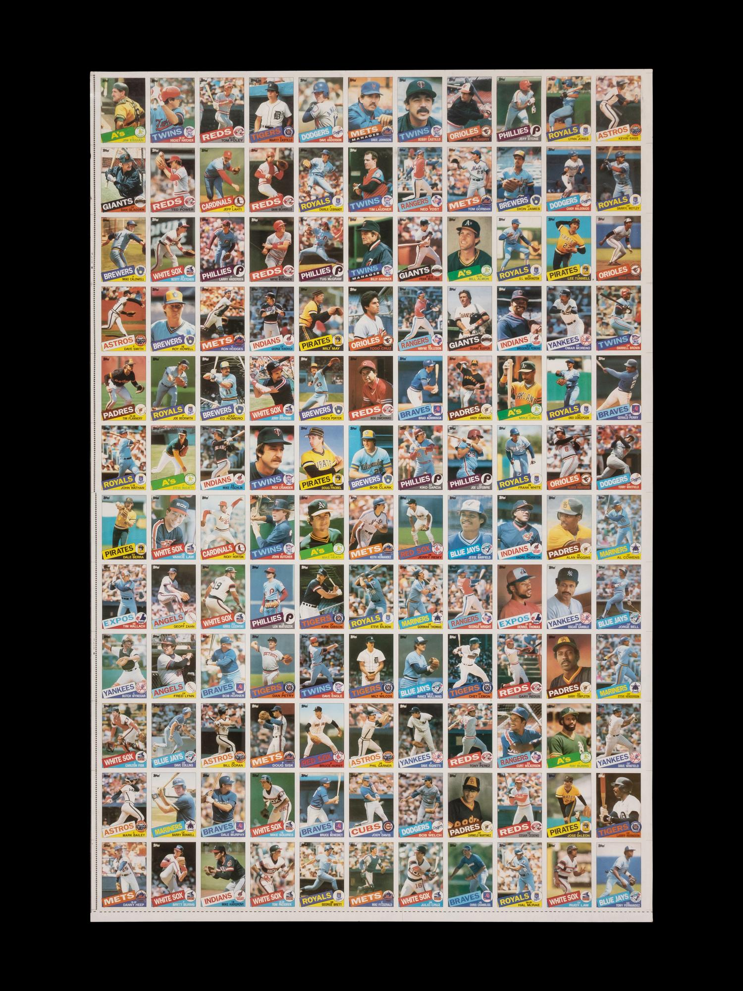 A Complete Set of 1985 Topps Baseball Cards in Six Uncut Sheets Featuring Mark McGwire, Roger Clemens and Kirby Puckett Rookie Cards