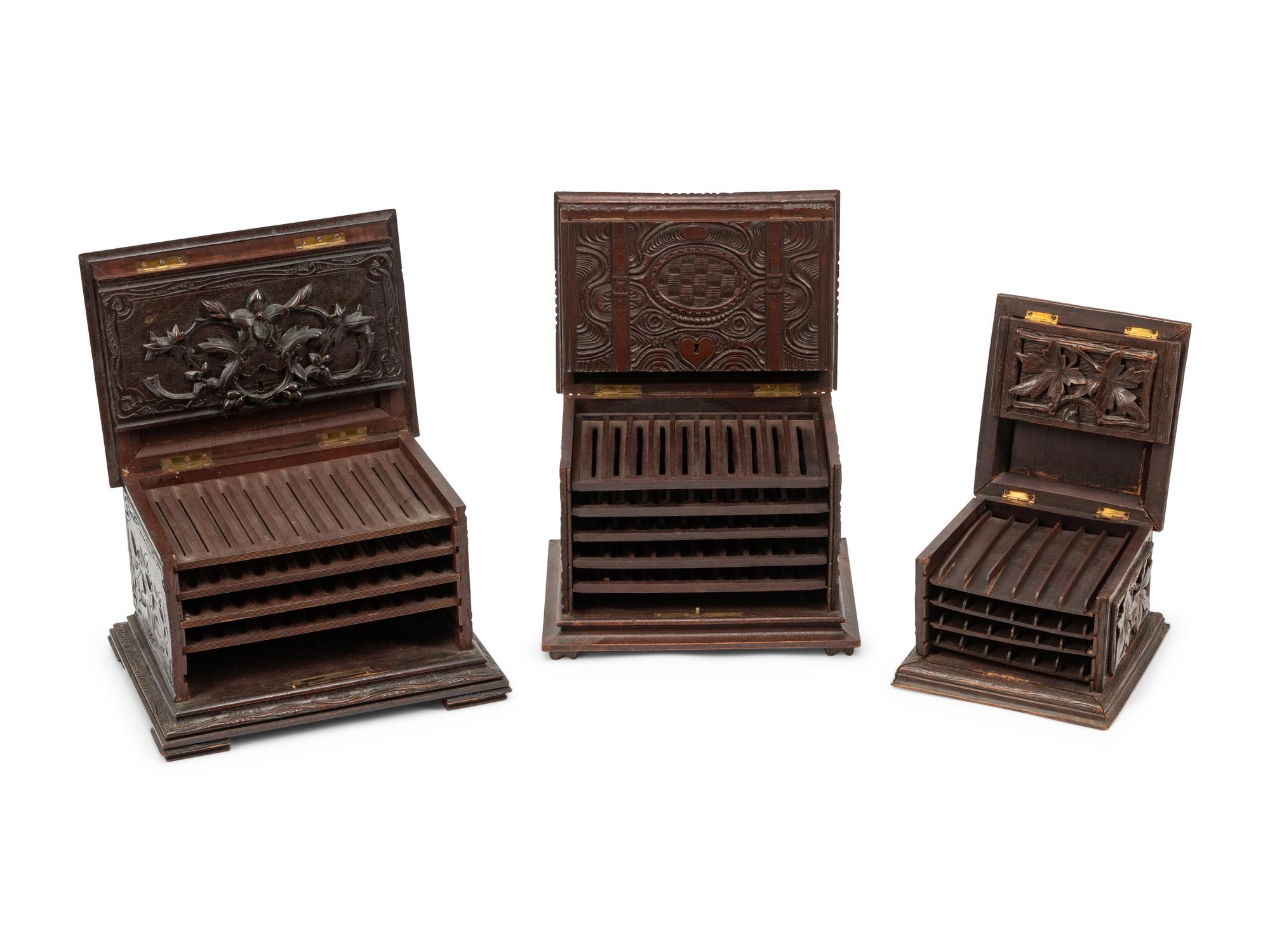 Three Black Forest Carved Wood Humidors