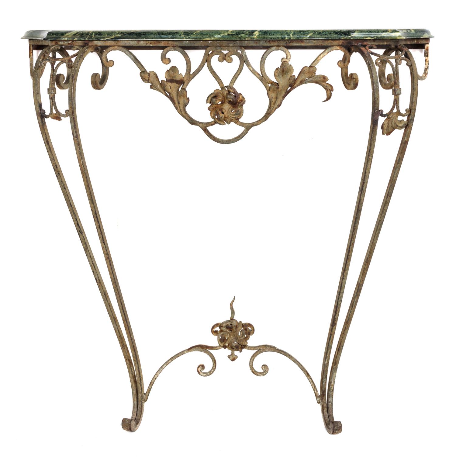 A French Painted Wrought-Iron Console Table Height 37 x width 37 x depth 11 inches.