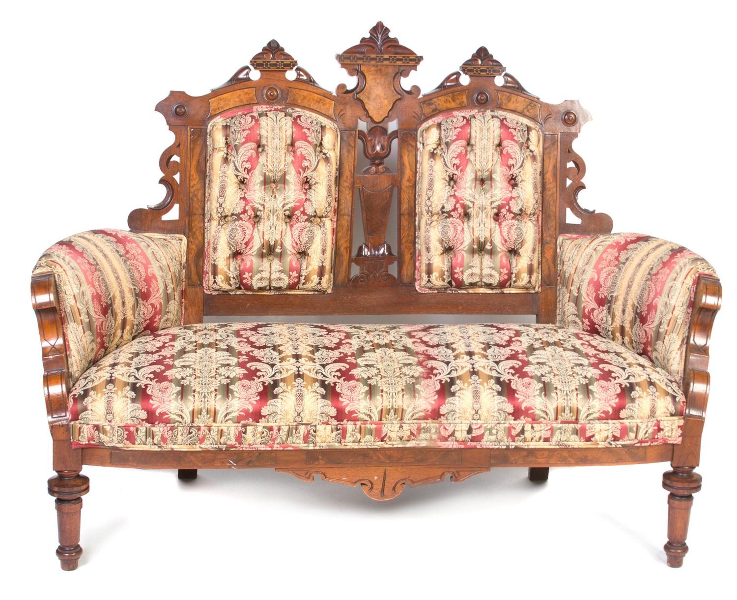 A Victorian Parquetry Walnut Settee, Width 56 inches.