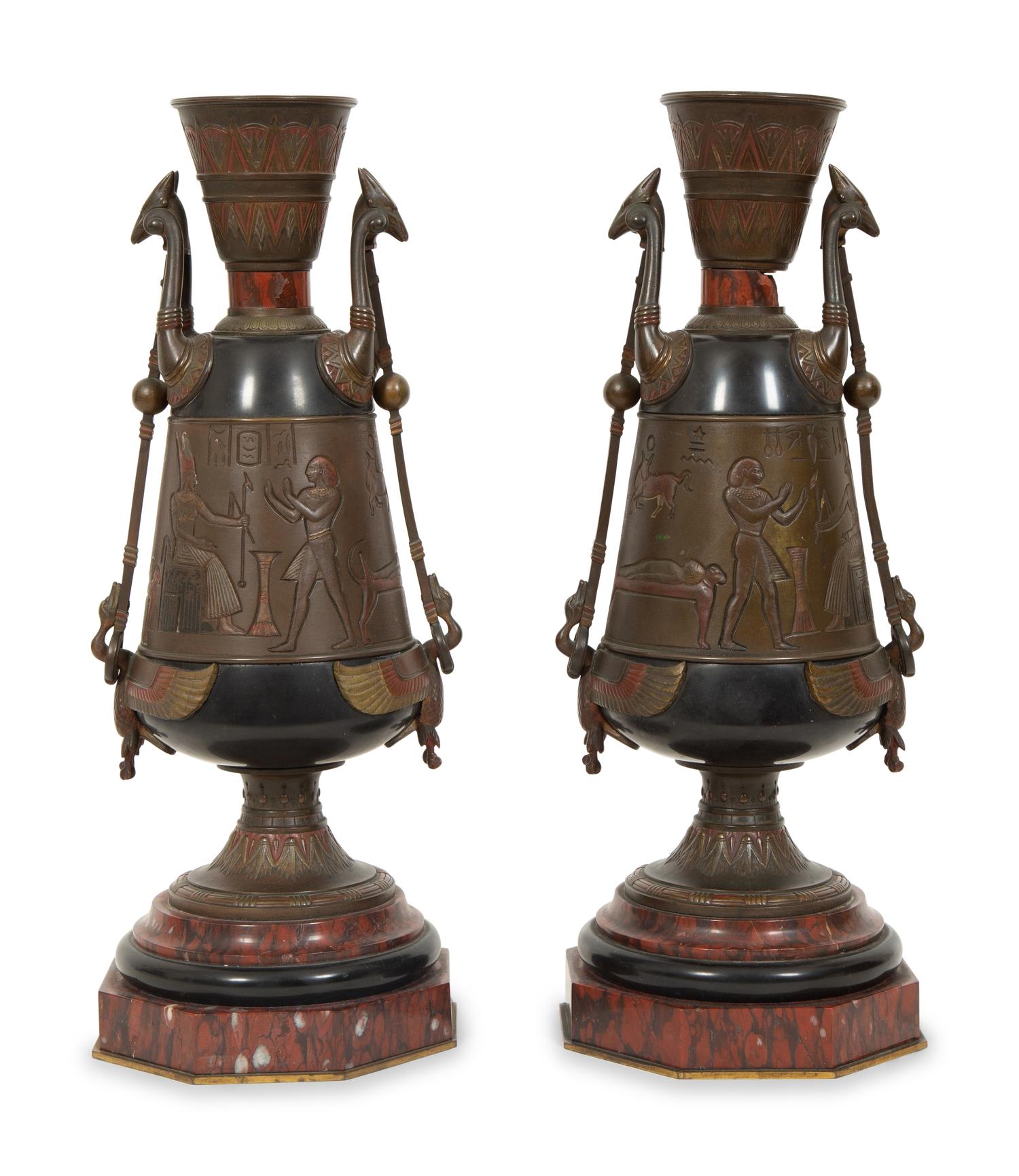 A Pair of French Egyptian Revival Bronze and Marble Urns