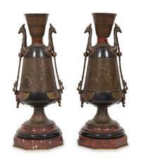 A Pair of French Egyptian Revival Bronze and Marble Urns