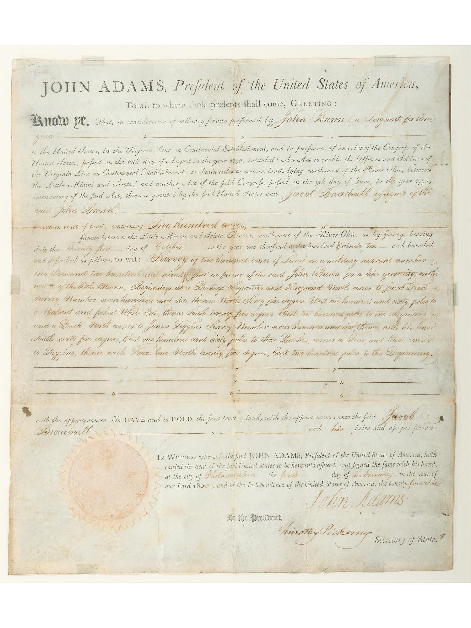 ADAMS, John (1735-1826). Partially engraved document accomplished in a secretarial hand signed ("John Adams") as President, countersigned by Secretary of State Timothy Pickering, 1 February 1800.