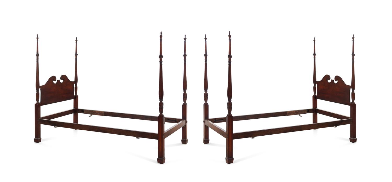 A Pair of Chippendale Style Carved Mahogany Four Post Tested Twin Beds