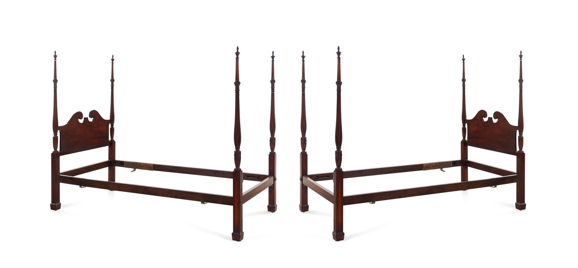 A Pair of Chippendale Style Carved Mahogany Four Post Tested Twin Beds