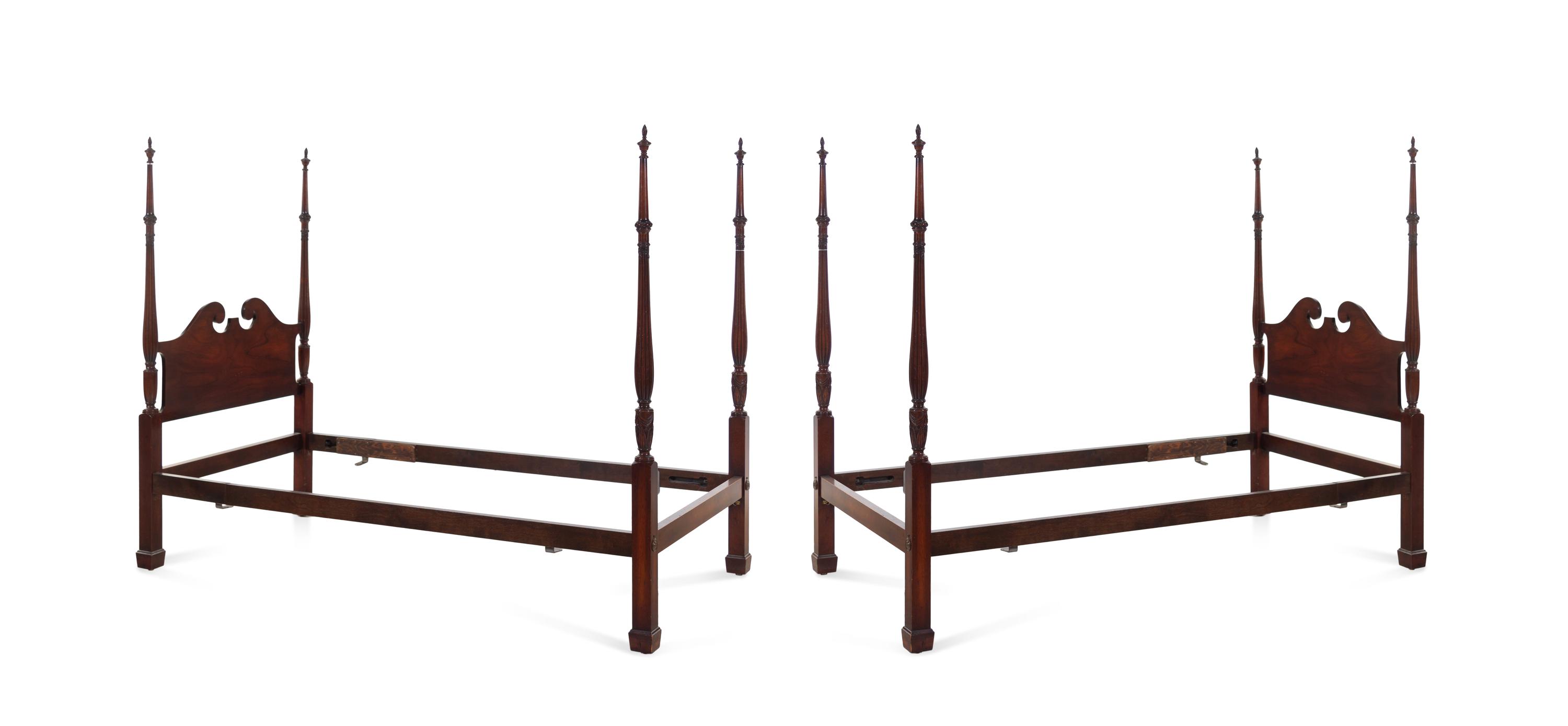A Pair of Chippendale Style Carved Mahogany Four Post Tested Twin Beds