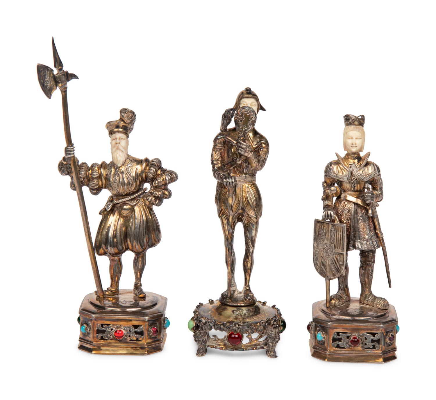 A Set of Three German Silver and Hardstone-Mounted Figures