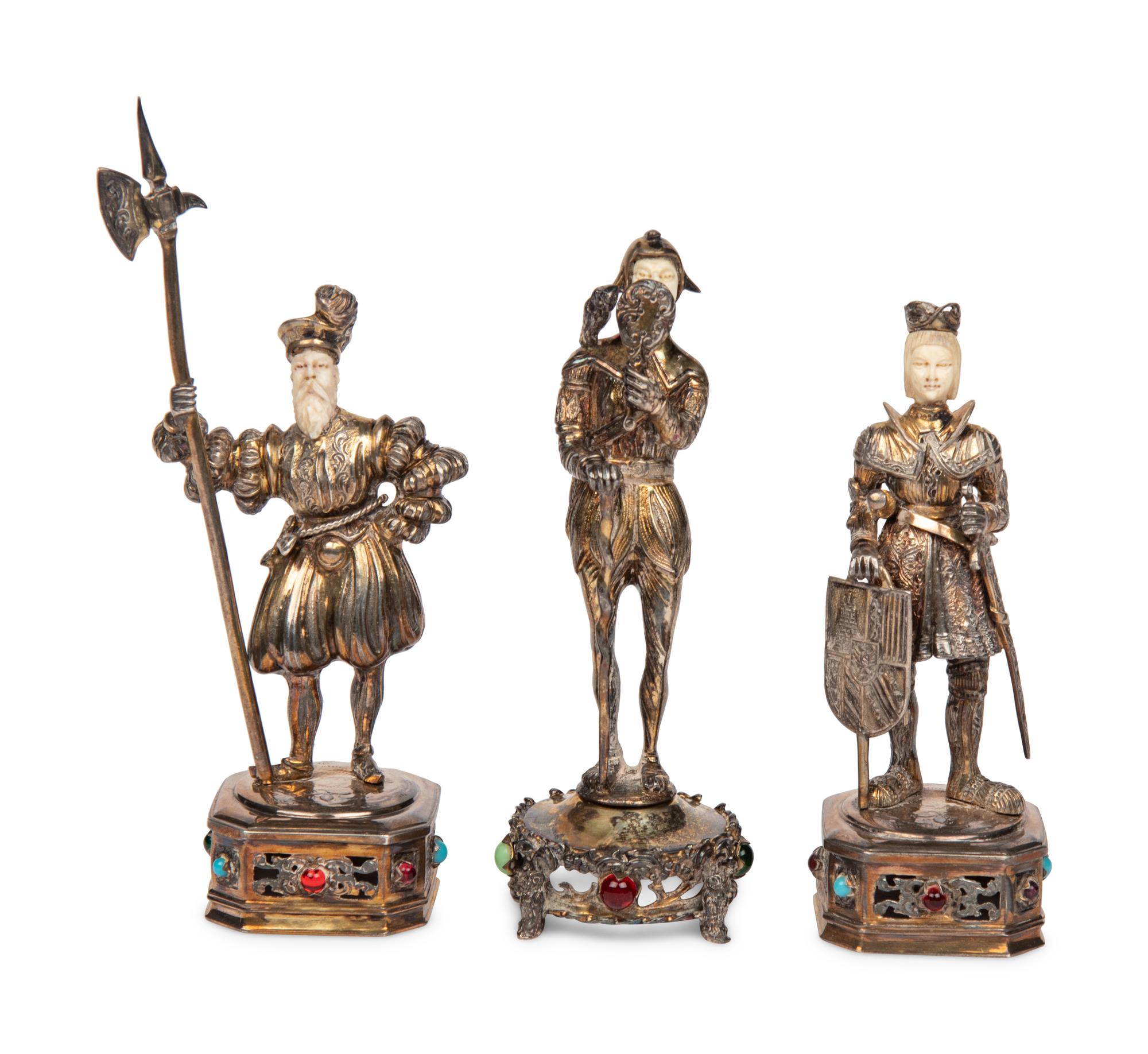 A Set of Three German Silver and Hardstone-Mounted Figures