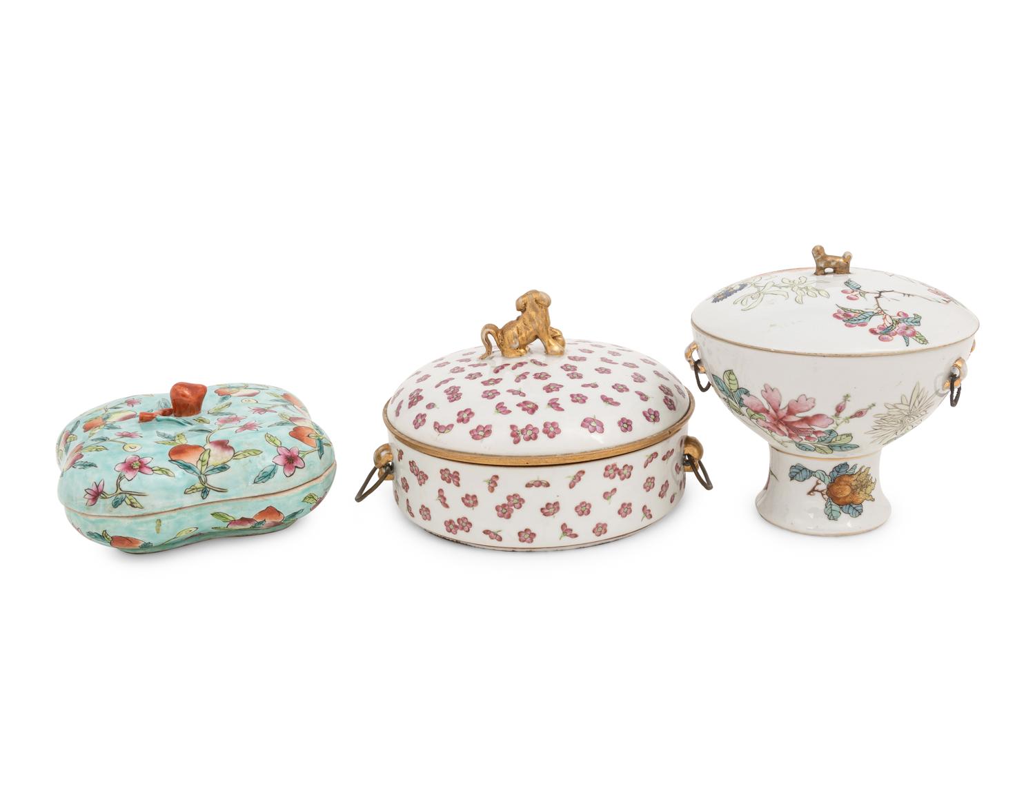 Three Chinese Famille Rose Porcelain Covered Bowls
