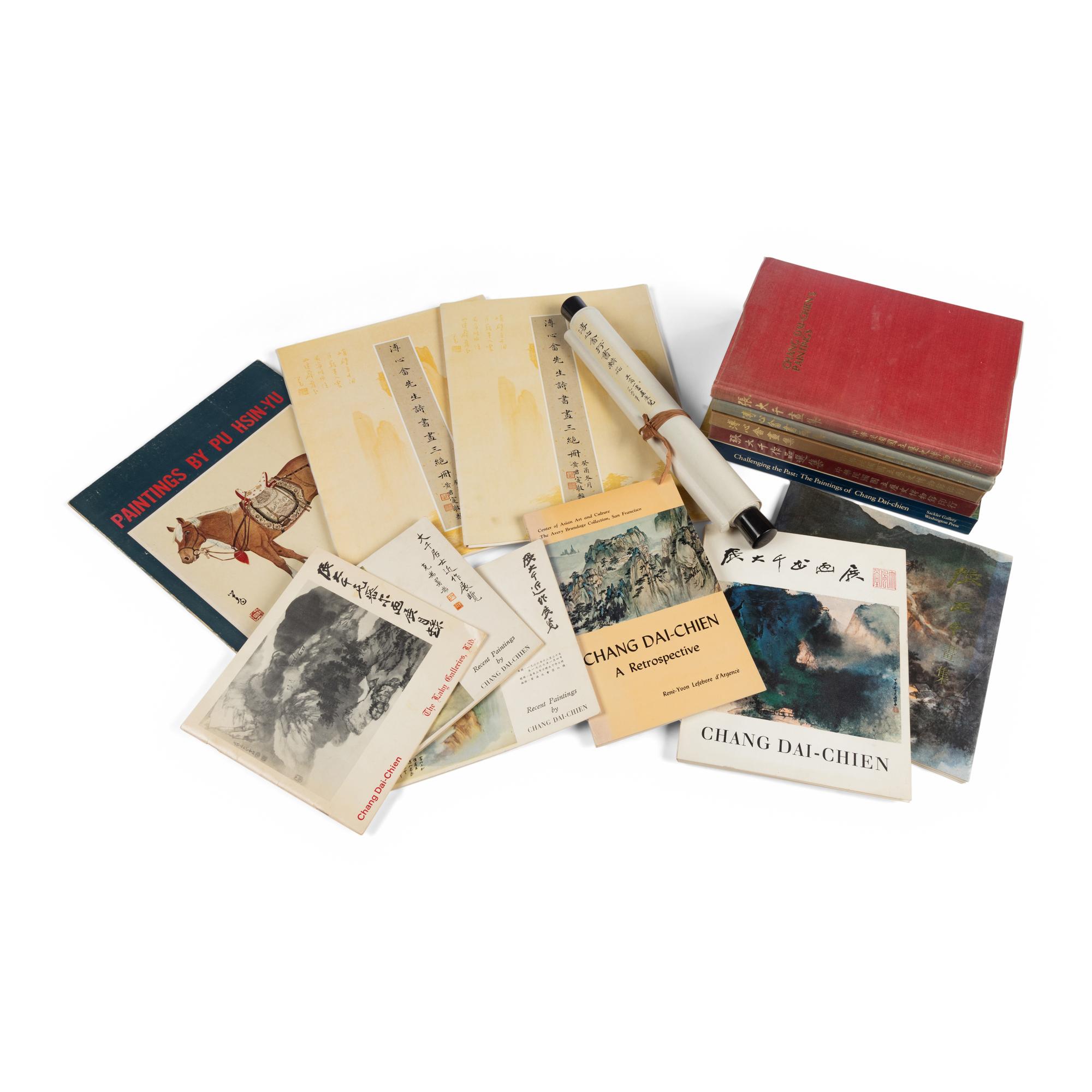 [ZHANG DAQIAN & PU RU] a group of 13 reference works about Zhang Daqian (1899-1983) and Pu Ru (1896-1963), together with a hanging scroll by Pu Ru 張大千（1899-1983）、溥儒（1896-1963）參考書13冊及溥儒手卷一軸