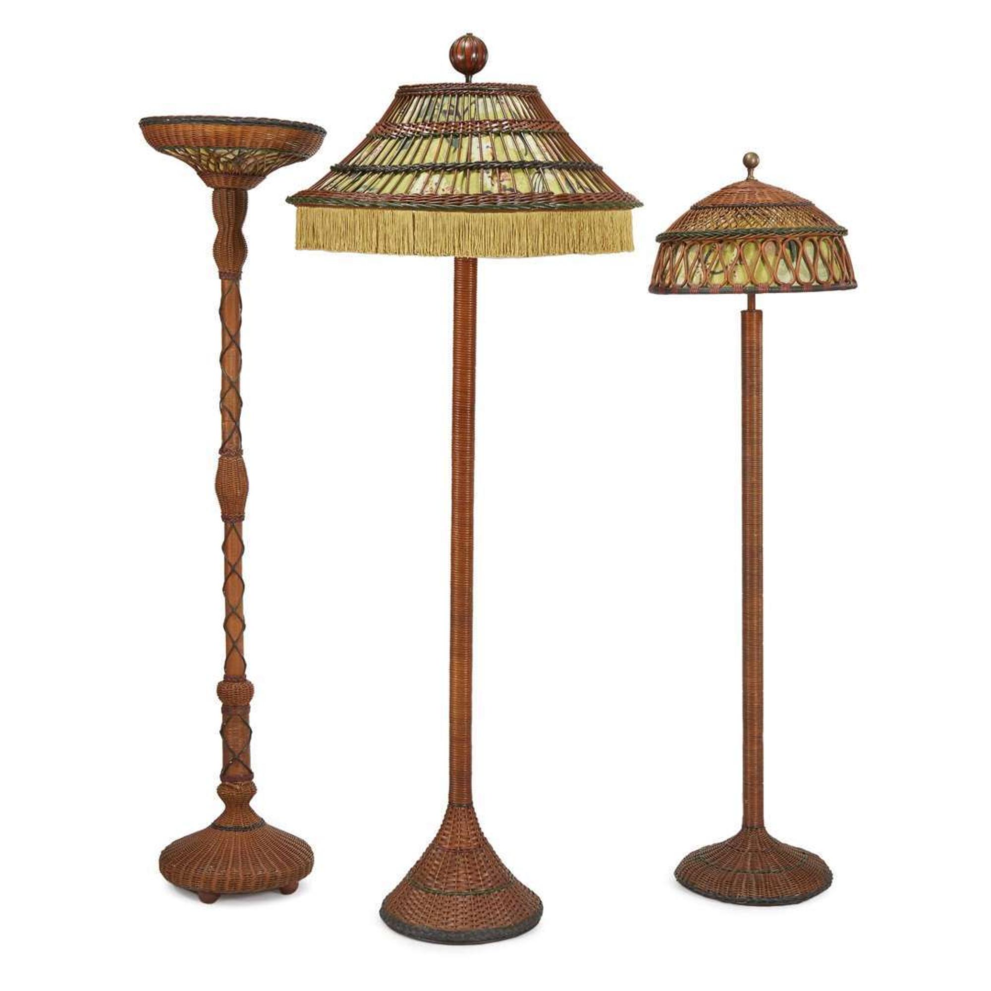 Three polychrome painted wicker floor lamps american, circa 1900
