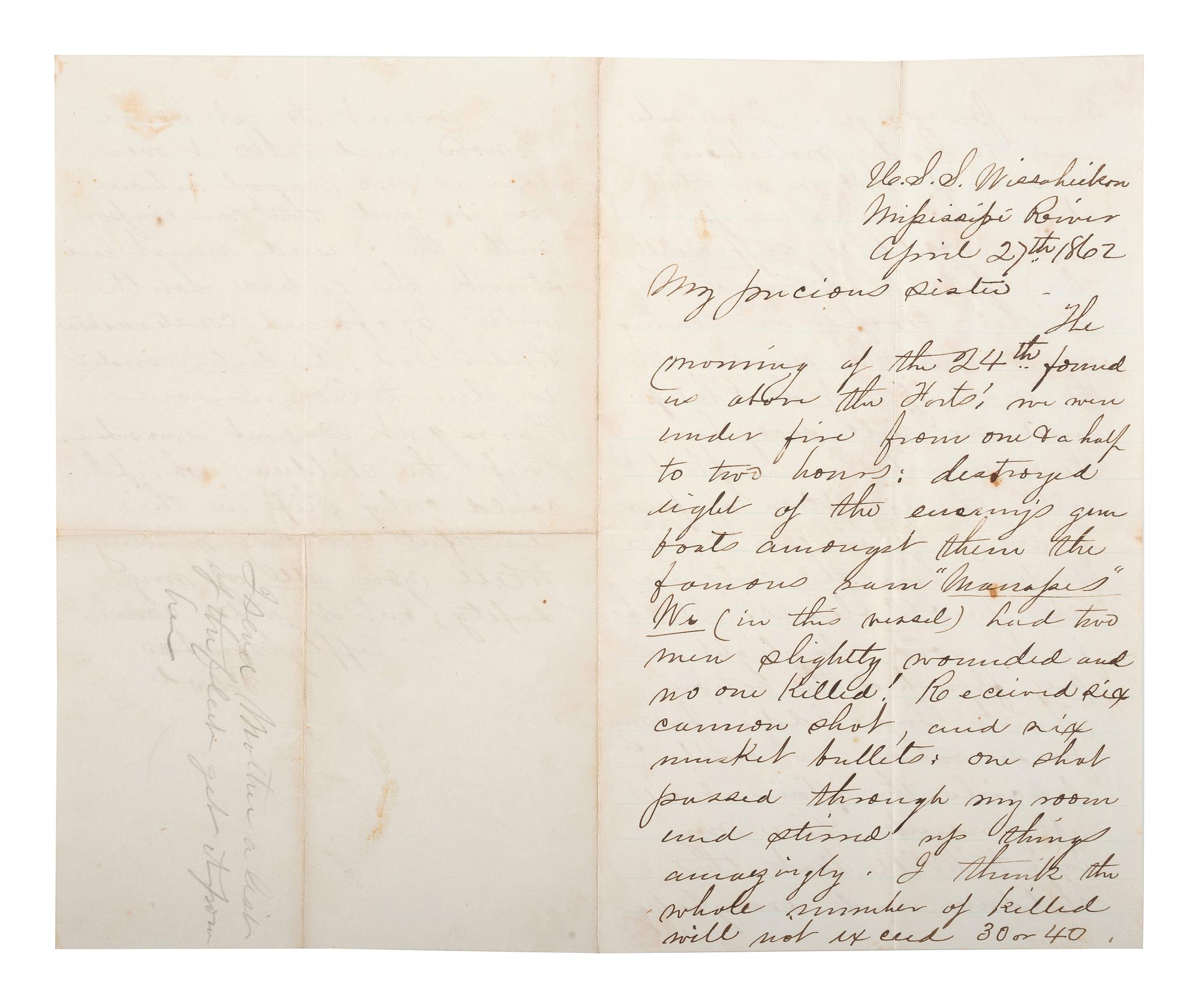 [CIVIL WAR - NAVY]. A group of 2 documents written by Officer Edward Potter with Vicksburg and Forts Philip & Jackson content, comprising: