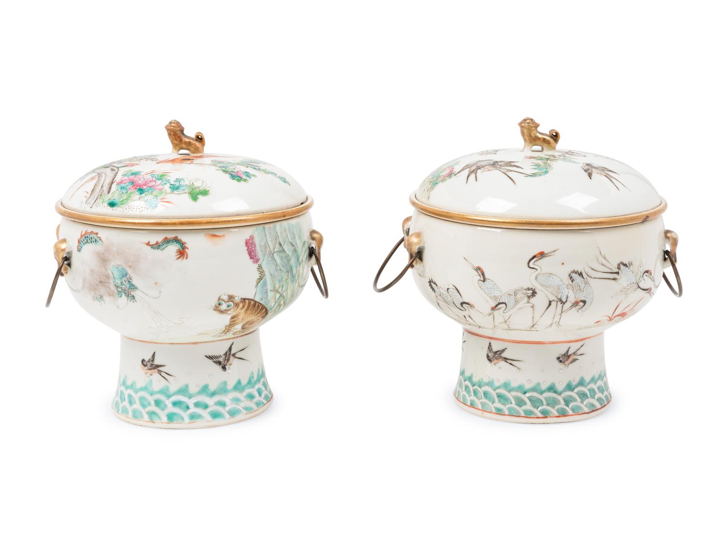 A Pair of Chinese Famille Rose Porcelain Hot Pots
