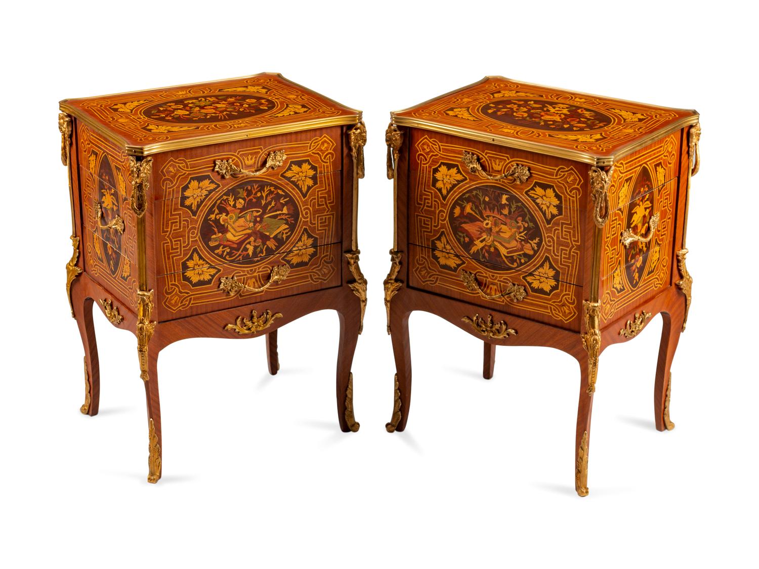 A Pair of Louis XV Style Gilt-Bronze-Mounted Marquetry Side Cabinets