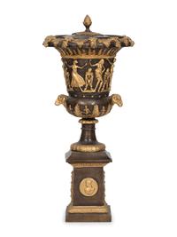 An Empire Style Cast Bronze Parcel Gilt Lidded Campagna Urn
