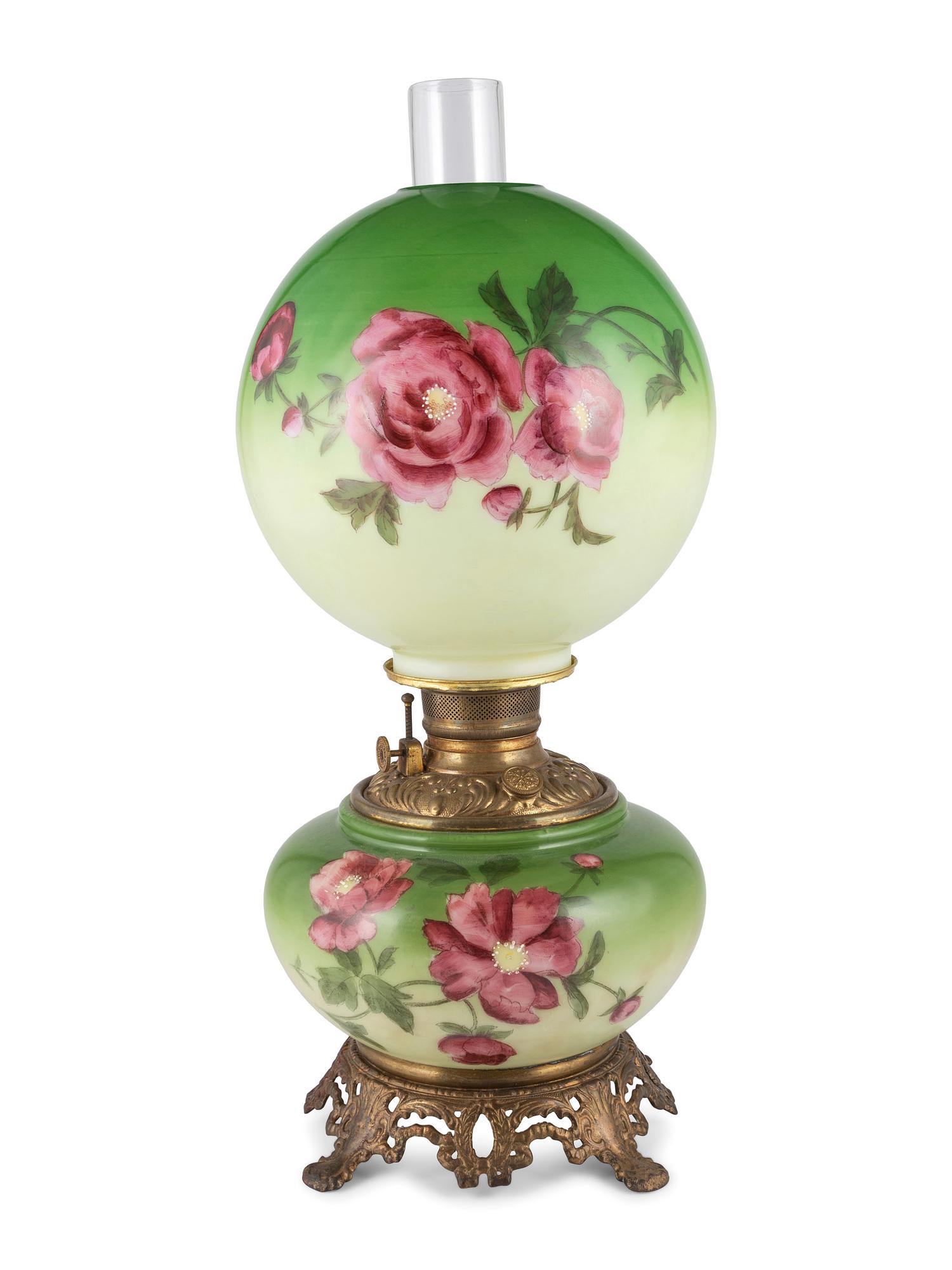 A Victorian Hand Painted Floral Oil Lamp