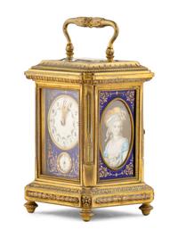 A French Gilt Bronze, Enamel and Miniature Portrait-Inset Repeating Carriage Clock