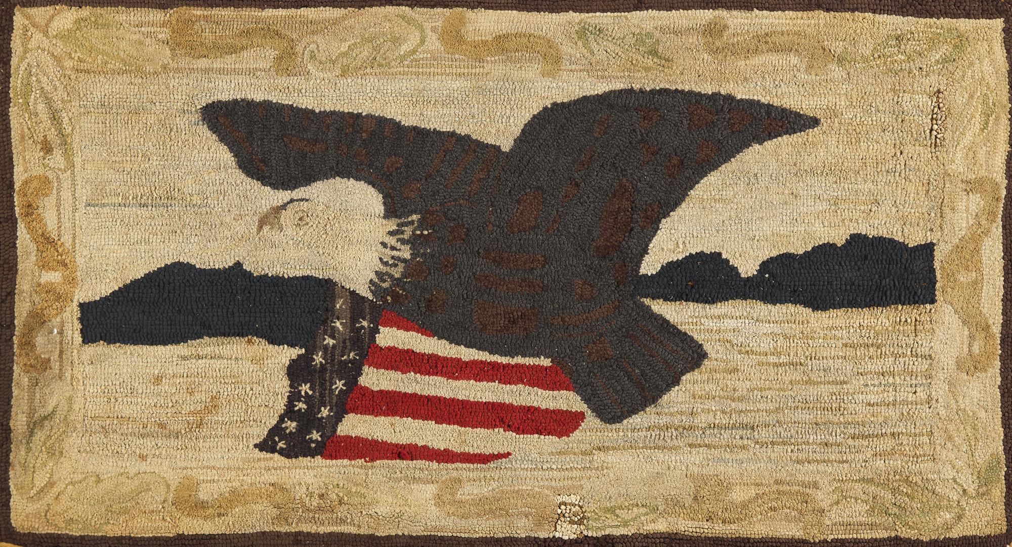 A Hooked Rug Depicting an American Eagle and Patriotic Shield