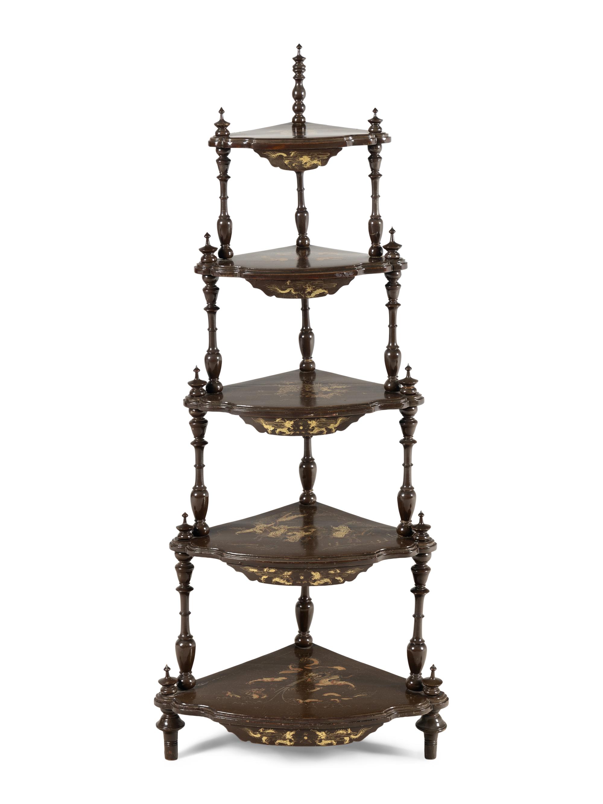An English Gilt-Japanned Corner Etagere