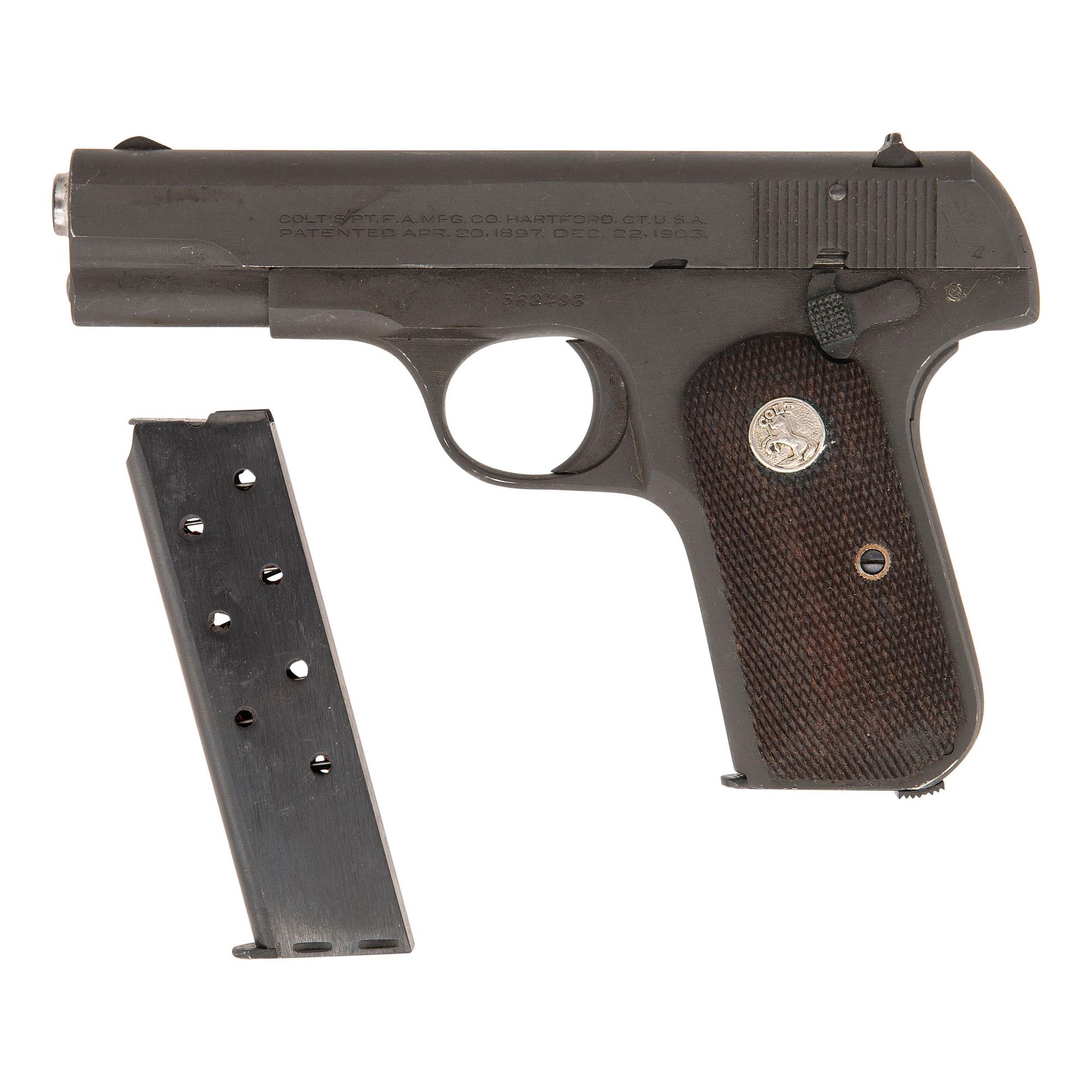 **British Proofed Lend Lease U.S. Military Colt Model 1903 Pocket Hammerless Pistol in Original Kraft Box with Two Magazines and Cleaning Rod