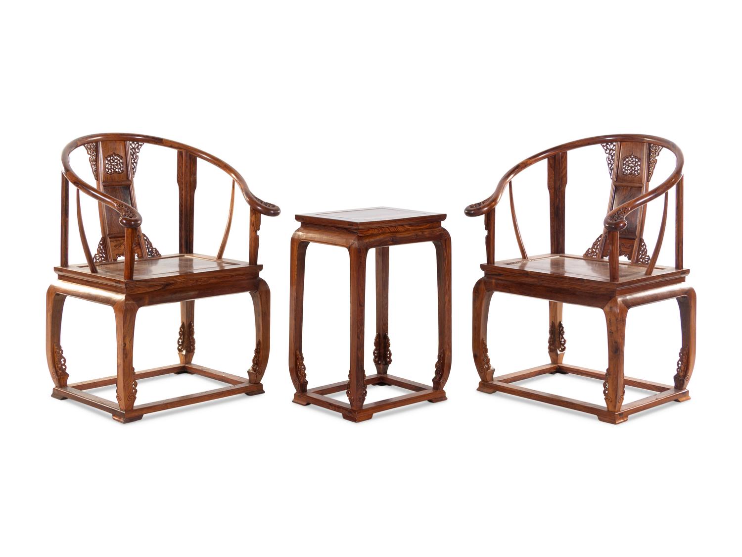 A Set of Two Huanghuali Armchairs and One Side Table