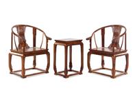 A Set of Two Huanghuali Armchairs and One Side Table