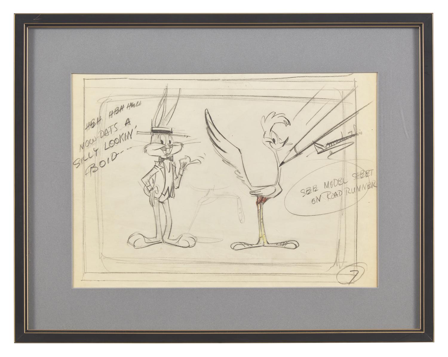 "Heh heh heh Now dats a silly lookin' boid" Original Sketch of Bugs Bunny and Road Runner, c. 1960s