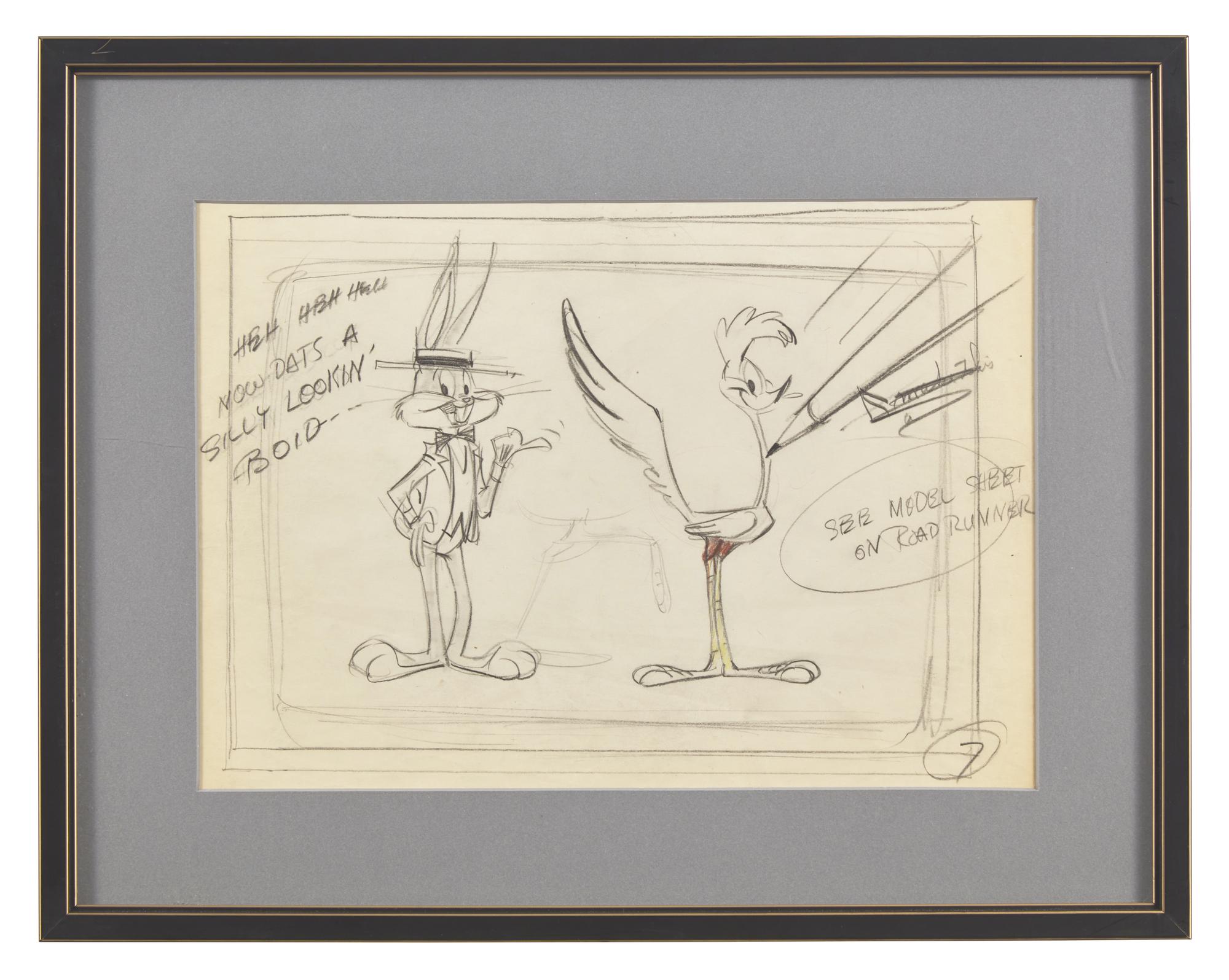 "Heh heh heh Now dats a silly lookin' boid" Original Sketch of Bugs Bunny and Road Runner, c. 1960s