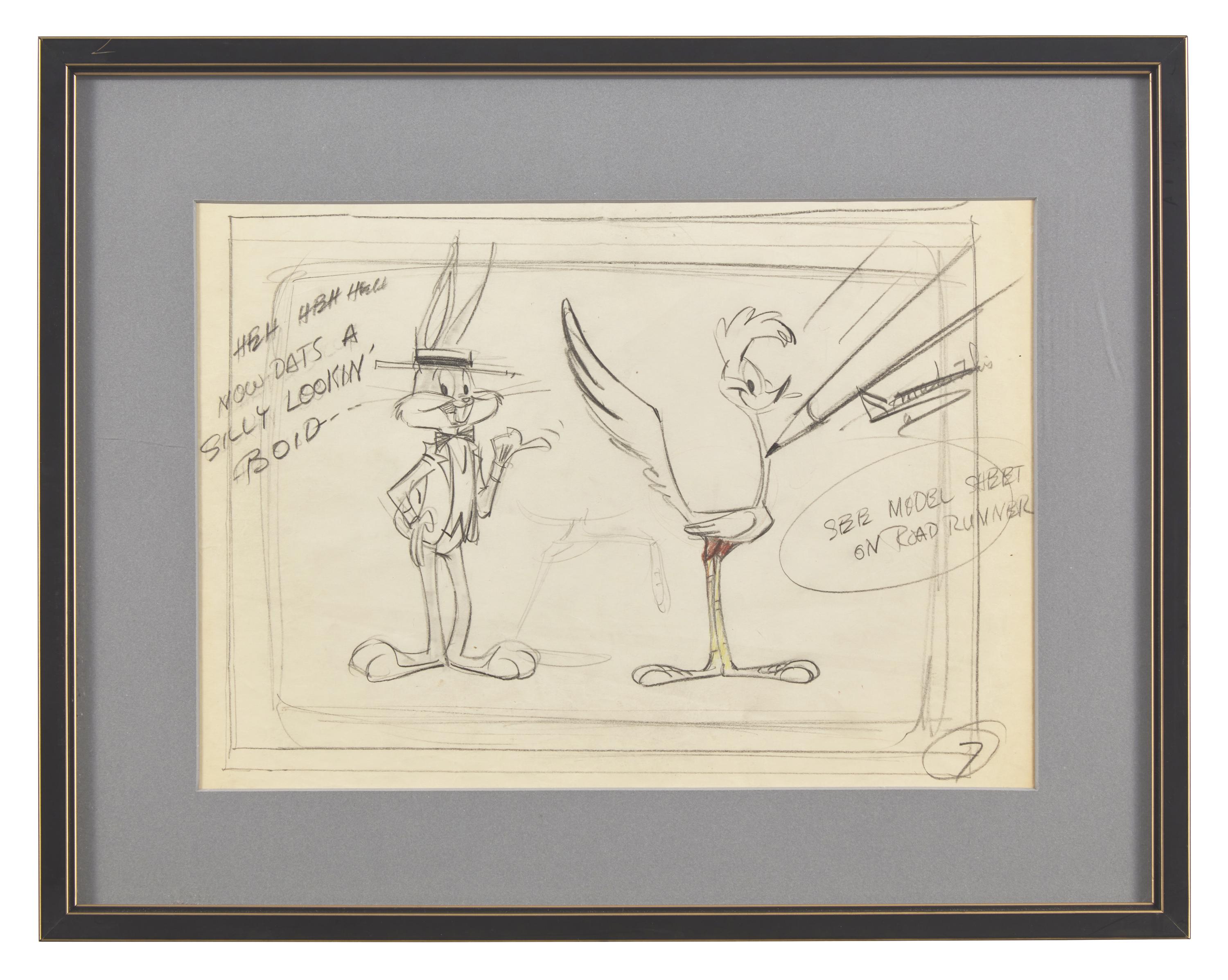 "Heh heh heh Now dats a silly lookin' boid" Original Sketch of Bugs Bunny and Road Runner, c. 1960s