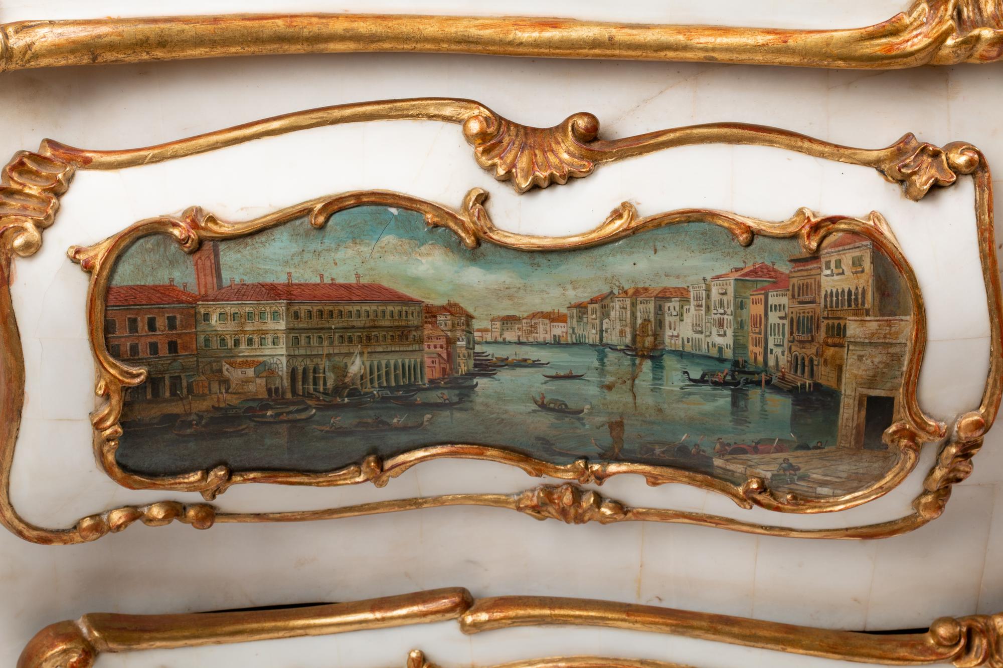 A Venetian Style Marble Veneered, Painted and Parcel Gilt Commode