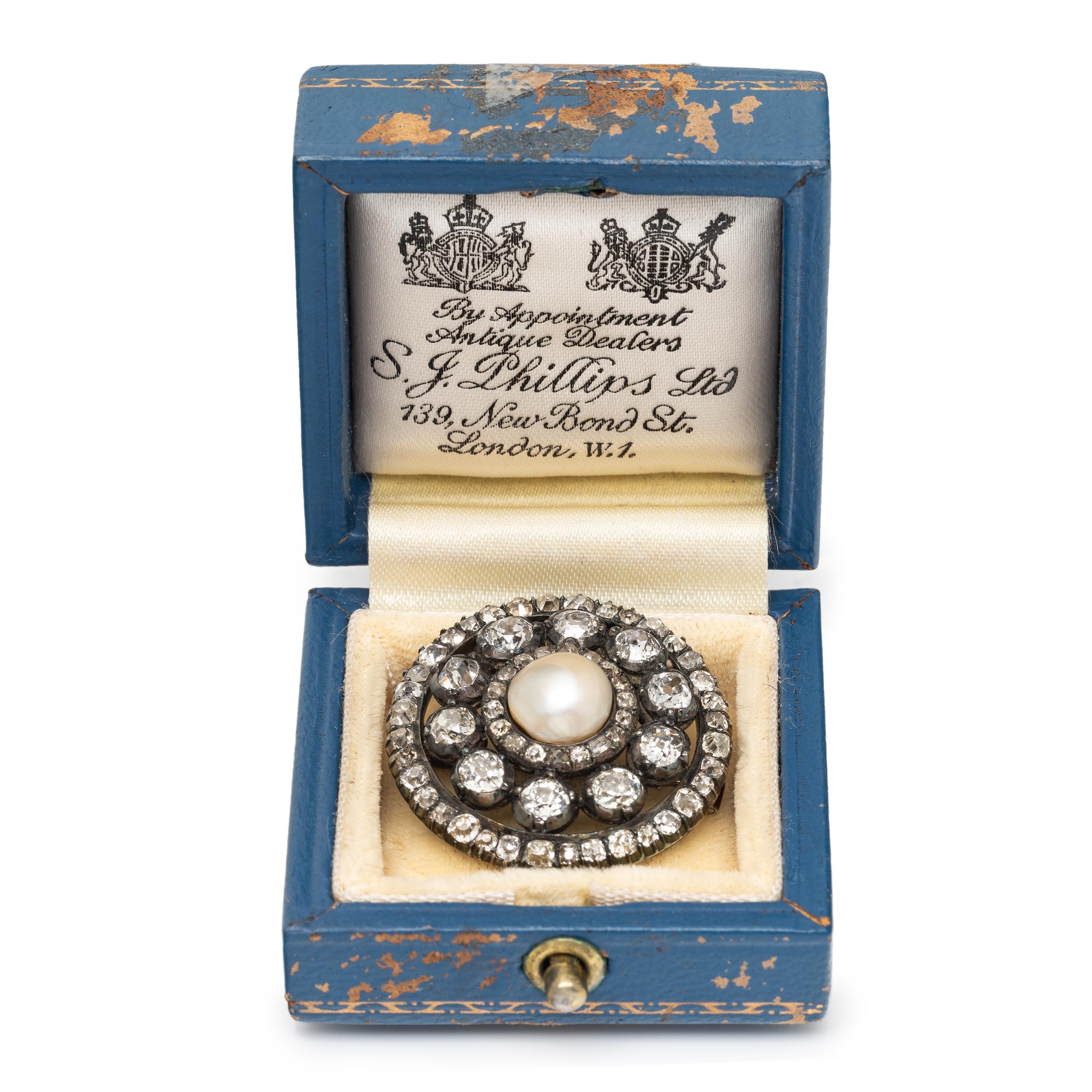 Antique, Silver-Topped Gold, Pearl, and Diamond Brooch