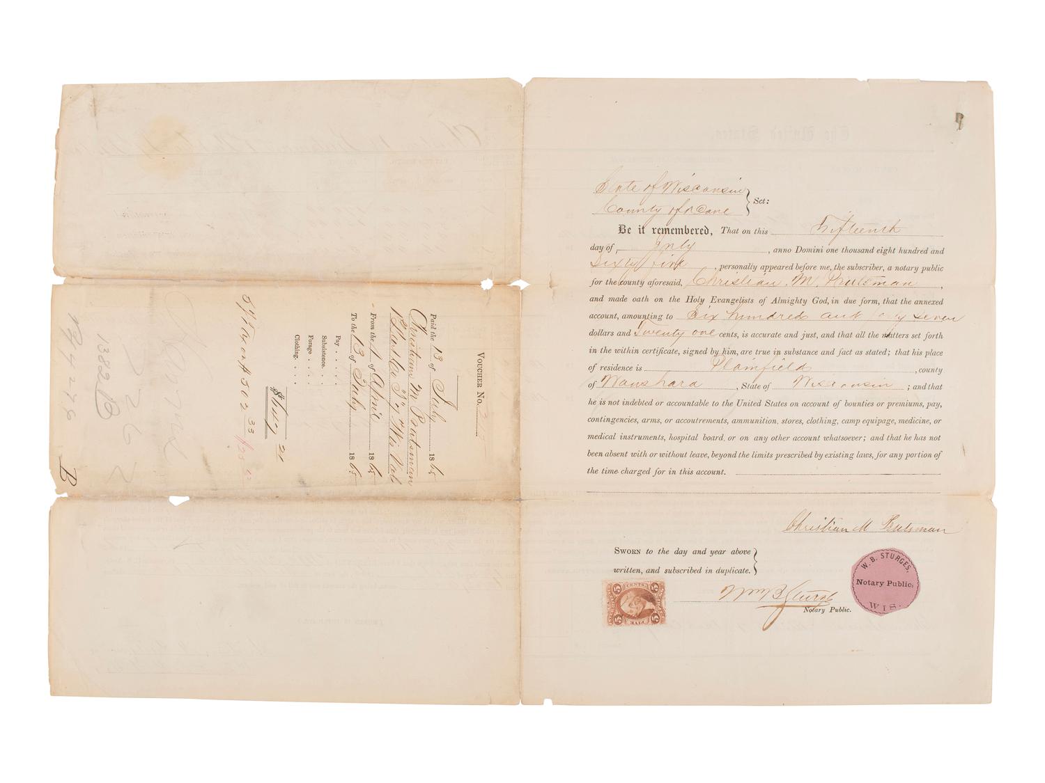 [CIVIL WAR]. Group of Civil War documents incl. muster roll, discharge papers, and more.