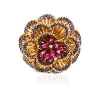 An 18 Karat Yellow Gold, Ruby, Sapphire and Diamond Brooch, Toliro, 16.30 dwts.