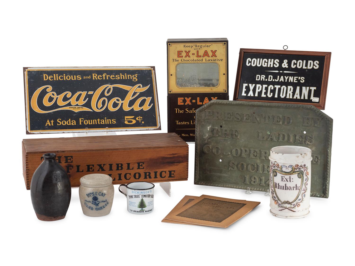 A Group of Eleven Advertising Plaques, Boxes, Jars and Pamphlets